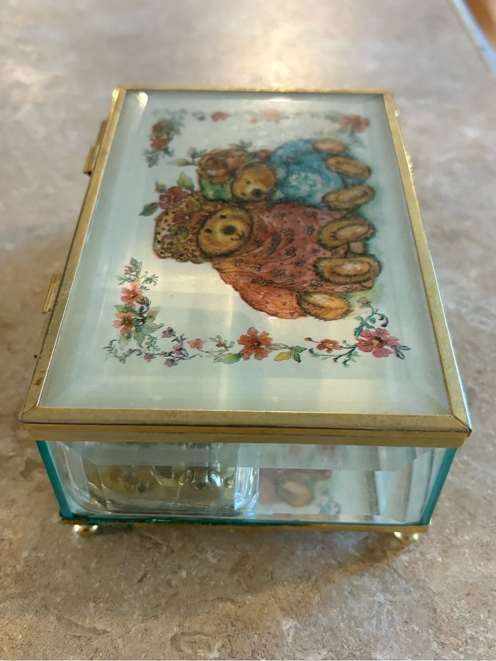 Vintage Teddy Bear Musical Jewelry Box Glass Brass Tone Beveled Trinket Box